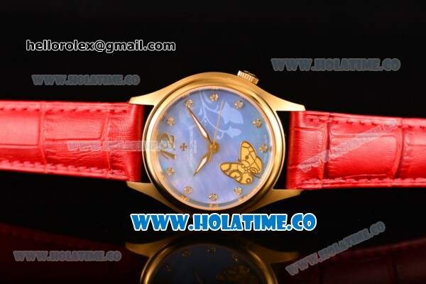 Vacheron Constantin Metiers d'Art Swiss ETA 2824 Automatic Yellow Gold Case with Blue MOP Dial Red Leather Strap and Diamonds Markers - Click Image to Close